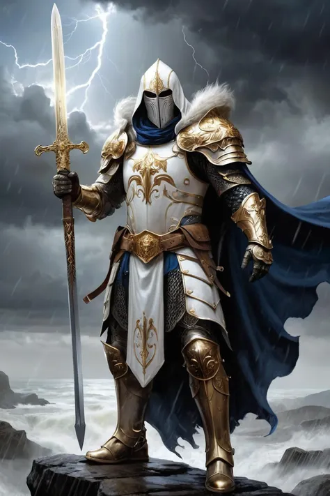 A stunning, highly detailed dark fantasy full body illustration of a proud angelical warrior wearing intricate medieval white HKStyle armor and an epic white ornamented mask, holding a great golden glowing sword, golden and blue glooming eyes, very wide shoulders, wearing big gauntlets, epic composition. The warrior stands heroic with a flowing cloak and white hood during a storm with foggy gloom, thunderclouds in the background . The scene depicts him with brooding emotional agony , style by Greg Rutkowski, by Milo Manara and Russ Mills, with insanely intricate details and textures, gloomy dramatic lighting, 8K resolution