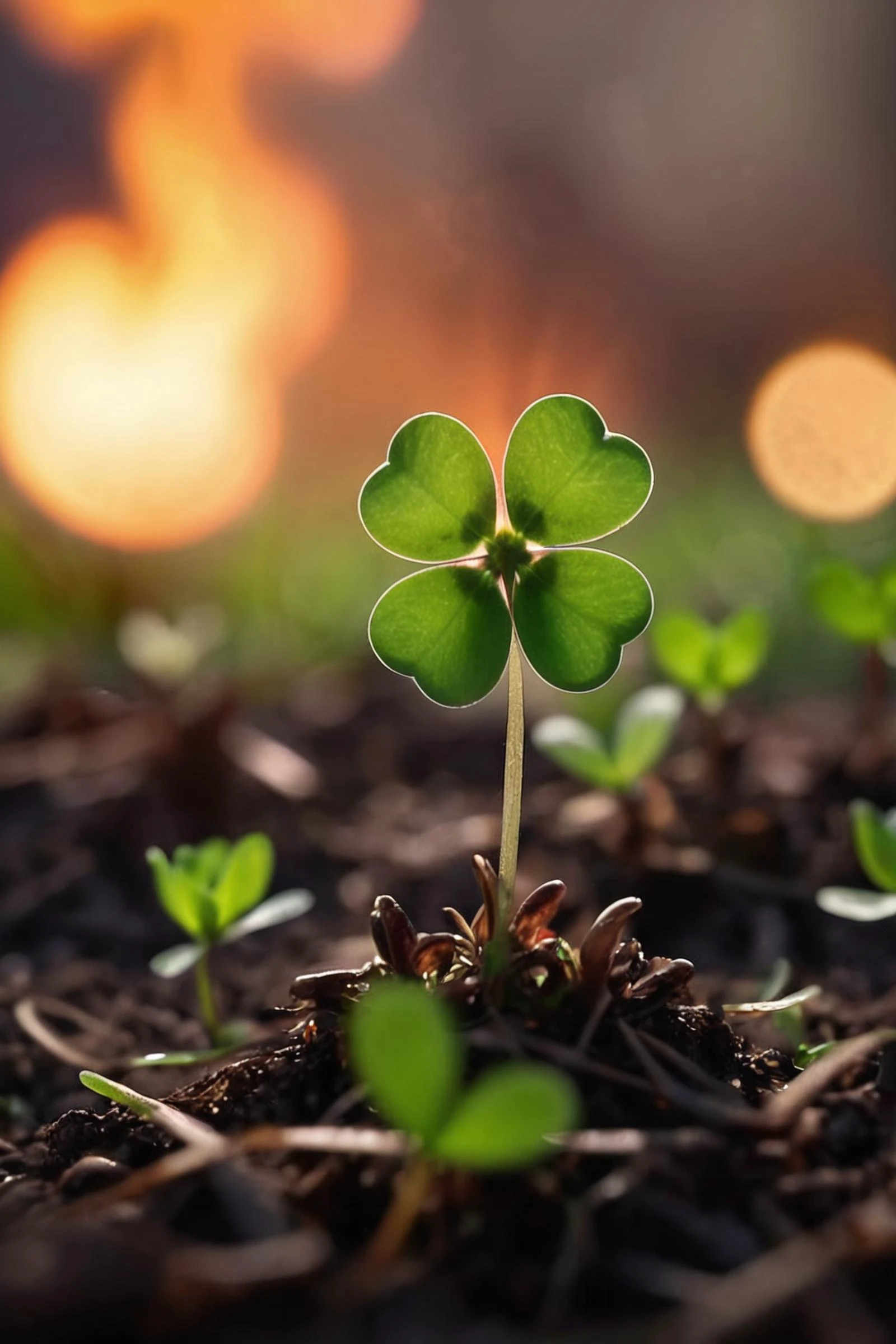 masterpiece,professional macro photography, small sprouting Clover plant (symbol of hope, love and faith) in the war zone field,chaotic background, fire,war, soft bounced lighting, amazing depth of field, shot from a low angle, shot on Lumix GH5 (cinematic bokeh, dynamic range, vibrant colors)