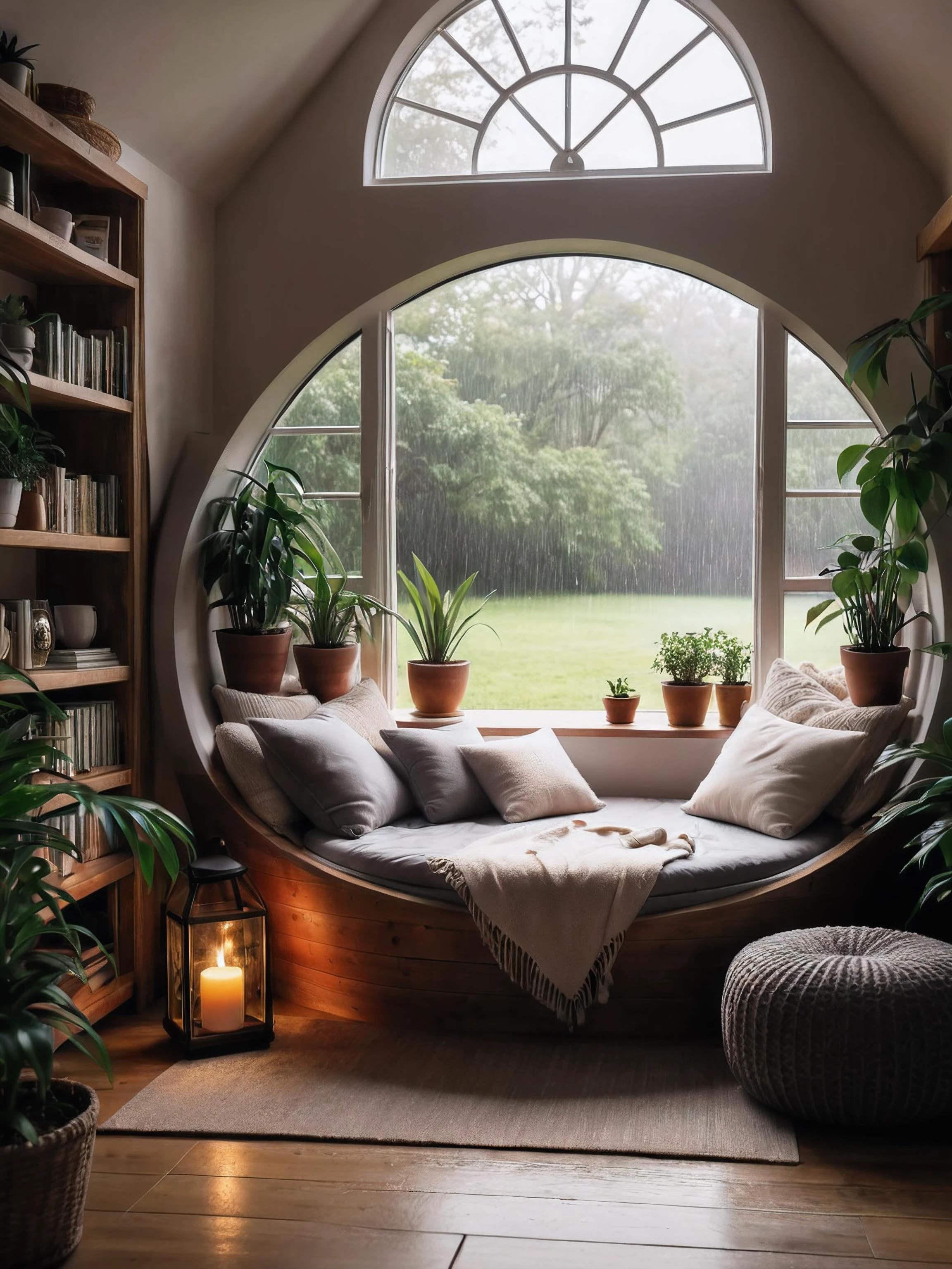 photograph, cosy room, circular opening into a lounger, soft pillows, cushions, big round window, rainy outdoors, water droplets on glass, bookshelf, table with hot tea and cakes, warm lighting, wooden furniture, plush blankets, comfortable seating, indoor plants, serene ambiance, homey atmosphere, soft textures, reading nook, inviting space, snug environment, rainy day comfort, detailed textures, relaxing setting, tranquil, cozy interior, intimate space, rain-soaked view, hygge vibes, peaceful retreat, warm tones. <lora:add-detail-xl:0.8> <lora:xl_more_art-full_v1:0.5>