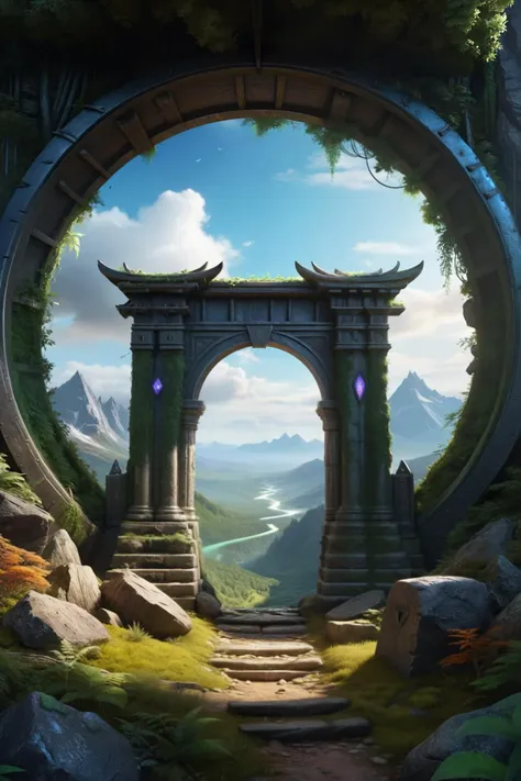 Hyperrealistic art, lush green wooded mountain pass landscape, a fantasy glowing Vivid multi-colored Runes covered ((silver)/(black ral-opal)) Circular gate (portal:1.3), a detailed matte painting by Mike Winkelmann, cgsociety, fantasy art, blue sky, Extremely high-resolution details, photographic, realism pushed to extreme, fine texture, incredibly lifelike