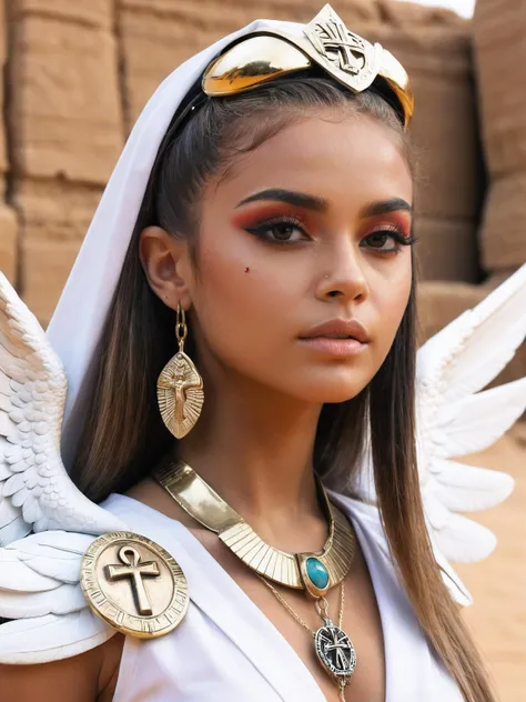 , solo, portrait of goodisis, goodnes ornate, egypt, energy, aura, dust, debris, Face looking, tanned skin, women, Ankh Cross, wings, ankh, Black Eyeliner Ariana Grande-Butera cyber punk blond Cara Jocelyn Delevingne clothing wet transparent white silk - beauty - red army - Audrey Hepburn - cyber punk