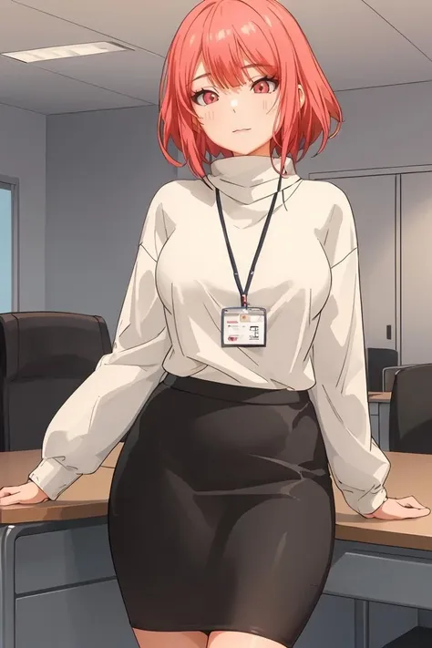 (masterpiece, best quality), 1girl,   <lora:Miho_Tsujinaka:0.8> Miho_T,1 girl,solo, short hair,pink hair, white sweater, turtleneck ,long sleeves,  grey skirt,pencil skirt,office lady, id card, lanyard,