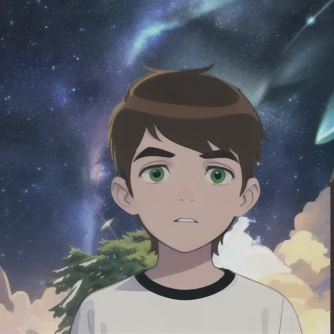 1boy,brown hair,green eyes,white shirt,meme, parody,close up,upper body, portrait, short hair, ,a digital painting of a man with green eyes and a black background with stars, star_\(sky\), starry_sky, space, night_sky, galaxy, starry_sky_print, night, aurora, milky_way, light_particles, shooting_star, constellation, planet, earth_\(planet\), snowing, sky, solo, fireworks, city_lights, snow, starry_background, astronaut, <lora:Kiduaben:0.6>