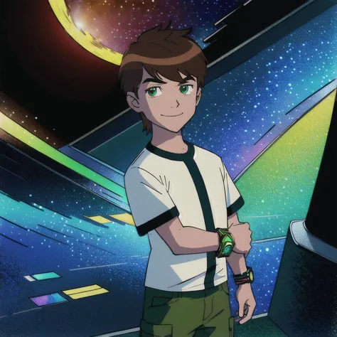 masterpiece,best quality,space,starry sky,star( sky),asterpiece, best quality,extremely detailed CG unity 8k wallpaper, best quality, extremely detailed, detailed, art of light novel cover,highres,anime screencap, light novel illustration,cel shading, 1boy,wrist watch ,solo,brown hair,green eyes,white shirt,black stripes,green pants,electricity,neon lighting,moon,moon,masterpiece, best quality,  male focus,smirk, earth(colorful),volumatic light,(finely detailed, detailed face),cinematic lighting, extremely detailed CG unity 8k wallpaper,solo,smile, sky, cloudy_sky, building, moonlight, moon, night <lora:Kiduaben:0.7>
