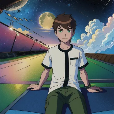 masterpiece,best quality,space,starry sky,star( sky),asterpiece, best quality,extremely detailed CG unity 8k wallpaper, best quality, extremely detailed, detailed, art of light novel cover,highres,anime screencap, light novel illustration,cel shading, 1boy,sitting,wrist watch ,solo,brown hair,green eyes,white shirt,short sleeves,black stripes,green pants,electricity,neon lighting,moon,moon,masterpiece, best quality, male focus,smirk, earth(colorful),volumatic light,(finely detailed, detailed face),cinematic lighting, extremely detailed CG unity 8k wallpaper,solo,smile, sky, cloudy_sky, building, moonlight, moon, night <lora:Kiduaben:0.7>