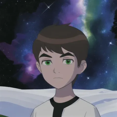 1boy,brown hair,green eyes,white shirt,meme, parody,upper body, portrait,  short hair, ,a digital painting of a man with green eyes and a black background with stars, star_\(sky\), starry_sky, space, night_sky, galaxy, starry_sky_print, night, aurora, milky_way, light_particles, shooting_star, constellation, planet, earth_\(planet\), snowing, sky, solo, fireworks, city_lights, snow, starry_background, astronaut,  <lora:Kiduaben:0.8>