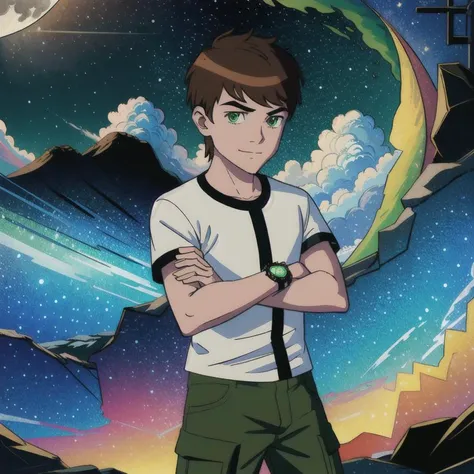 masterpiece,best quality,space,starry sky,star( sky),asterpiece, best quality,extremely detailed CG unity 8k wallpaper, best quality, extremely detailed, detailed, art of light novel cover,highres,anime screencap, light novel illustration,cel shading, 1boy,crossed arms,wrist watch ,solo,brown hair,green eyes,white shirt,short sleeves,black stripes,green pants,electricity,neon lighting,moon,moon,masterpiece, best quality,  male focus,smirk, earth(colorful),volumatic light,(finely detailed, detailed face),cinematic lighting, extremely detailed CG unity 8k wallpaper,solo,smile, sky, cloudy_sky, building, moonlight, moon, night <lora:Kiduaben:0.7>