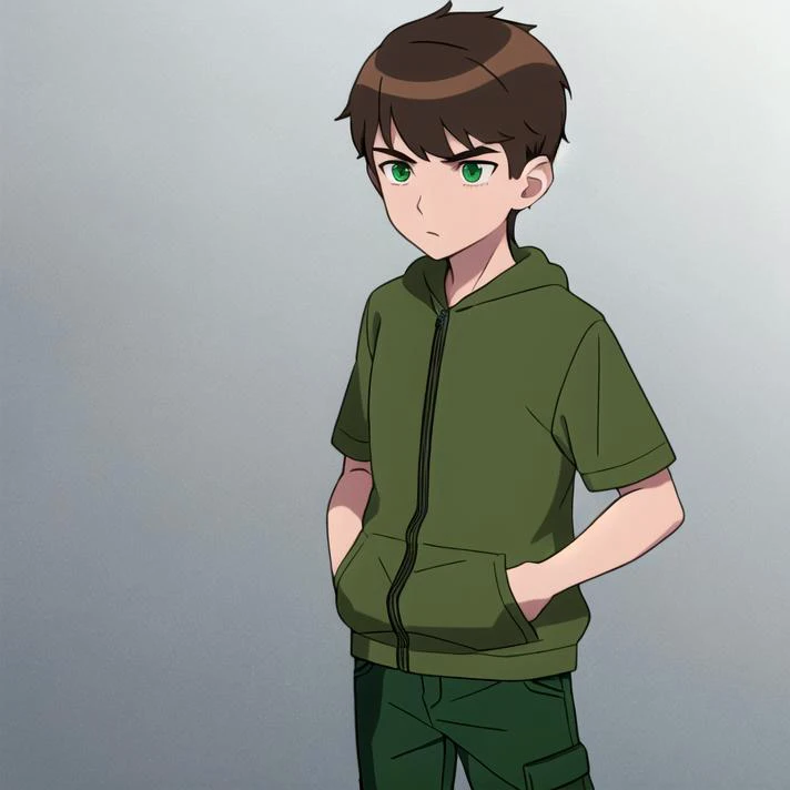1boy solo,brown hair,green eyes,black striked,green hoddie,short sleeves,hands in pocket,blue pants<lora:Kiduaben:0.5>
