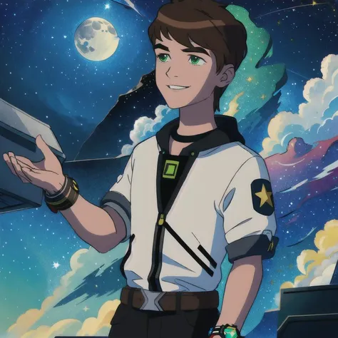 masterpiece,best quality,space,starry sky,star( sky), 1boy,wrist watch ,solo,brown hair,green eyes,space suıt,upper body,masterpiece, best quality, male focus,smirk, on rooftop, looking to the side, (colorful),(finely detailed, detailed face),cinematic lighting, extremely detailed CG unity 8k wallpaper,solo,smile, sky, cloudy_sky, building, moonlight, moon, night <lora:Kiduaben:0.7>