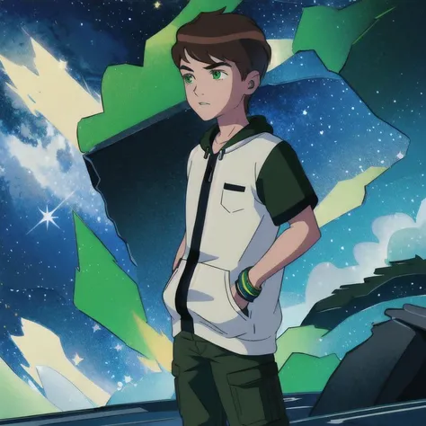 masterpiece,best quality,space,starry sky,star( sky), 1boy,wrist watch ,solo,brown hair,green eyes, green hoddie,hands in pocket,black striped,blue pants <lora:Kiduaben:0.7>