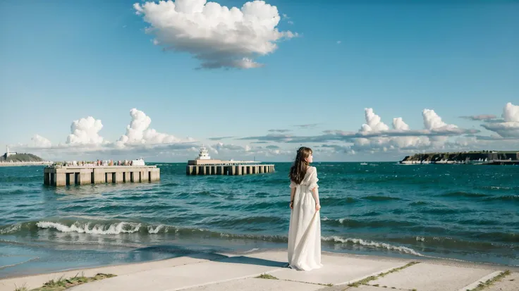 (best quality:1.5), (realistic:1.2), 4k photo, 1girl, from behind, tentdress, standing, outdoors, sky, day, cloud, sea, harbour, wind, floating hair, natsu <lora:style-natsunofuniki:0.7>  <lora:outfit-tentdress:0.4>