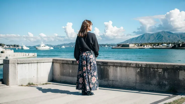 (best quality:1.5), (realistic:1.2), 4k photo, 1girl, from behind, square neck sweater, japanese floral printed long skirt, standing, outdoors, sky, day, cloud, sea, harbour, natsu <lora:style-natsunofuniki:0.7> <lora:bottom-jpflorallongskirt:0.3> <lora:top-squarenecksweater:0.3>