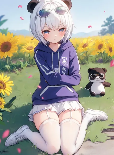 masterpiece,best quality,
look down,
outdoors,blue sky,flower,flowers meadows,petals,focus on Navel,flower field,(from above:1),lying,sleeping,one eye close,
depth of field,10 year old girl,short hair,panda lying on head,mini white skirt,shoes,(black thighhighs:1.1),sunglasses,hooded top,garter belt,black leg belt,<lora:WPF:0.4>,<lora:wanzhuan-000014:0.7>,(white sneakers:1.2),Navel