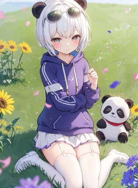 masterpiece,best quality,
look down,
outdoors,blue sky,flower,flowers meadows,petals,focus on legs,wariza/w-sitting,flower field,from below,
depth of field,10 year old girl,short hair,panda lying on head,short white skirt,shoes,(white thighhighs:1.3),sunglasses,hooded top,garter belt,black leg belt, <lora:WPF:0.4>,<lora:wanzhuan-000014:0.7>,(white sneakers:1.2),(holding a lollipop:1.4)white underwear