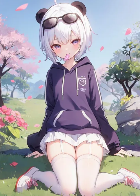 masterpiece,best quality,
look down,
outdoors,blue sky,flower,flowers meadows,petals,focus on legs,wariza/w-sitting,flower field,
depth of field,10 year old girl,short hair,panda lying on head,short white skirt,shoes,(white thighhighs:1.3),sunglasses,hooded top,garter belt,black leg belt, <lora:WPF:0.4>,<lora:wanzhuan-000014:0.7>,(white sneakers:1.2),holding lollipop (lollipop behind mouth:1.2),