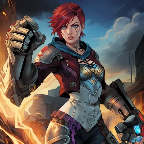 vi, woman, arcane, red hair, gauntlets, jacket, hood, cowboy shot<lyco:vi-08:0.8>