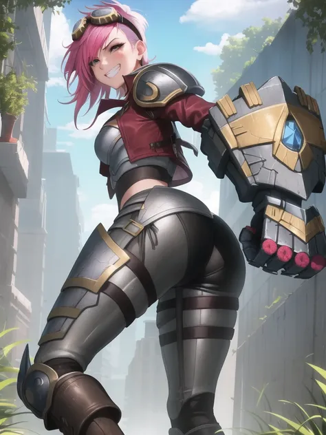 sfw, vi, original-clothes, gauntlets, 1girl, solo, goggles on head, pink hair, grin, short hair, ass, boots, masterpiece, best quality <lora:vi-000020:0.8>