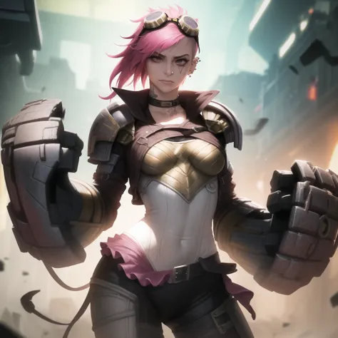 sfw, vi, original-clothes, gauntlets, mature female, solo, pink hair, closed mouth, goggles on head, piercing, medium breasts, masterpiece, best quality <lora:vi-000020:0.85>