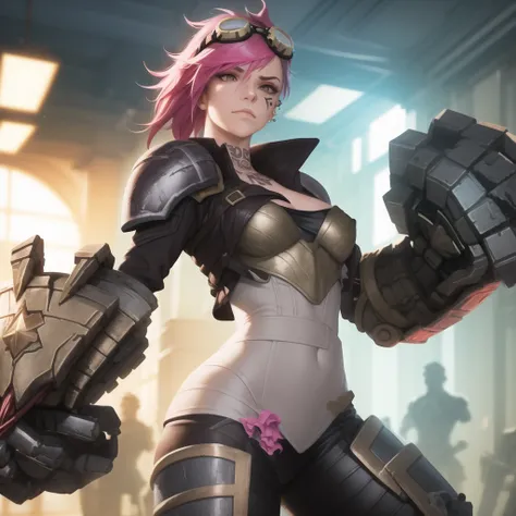 sfw, vi, original-clothes, gauntlets, mature female, solo, pink hair, closed mouth, goggles on head, piercing, medium breasts, masterpiece, best quality <lora:vi-000020:0.85>