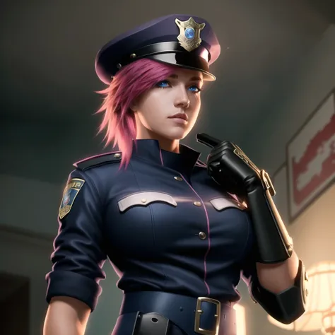 Highest Quality, masterpiece, (diffused soft light), dramatic lighting, highly detailed photo of Vi, policewoman, police uniform, hat, gauntlets, pink hair, solo, blue eyes, looking at viewer, short hair, cowboy shot <lora:vi-000020:0.8>
