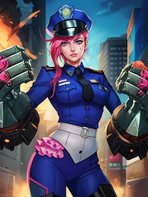 vi, woman, police uniform, policewoman, gauntlets, pink hair, hat, cowboy shot<lyco:vi-08:0.8>