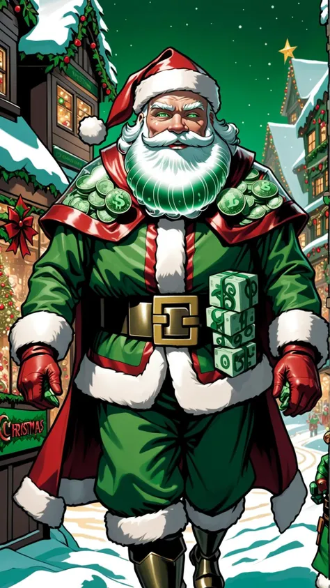 comic Cyborg Santa Claus, cyborg face, mechanical body, walking through a Christmas village wearing a green money covered santa armor , <lora:sdxl_quiron_Chritsmas_v3_lora:1> ChristmasQuiron style . graphic illustration, comic art, graphic novel art, vibrant, highly detailed