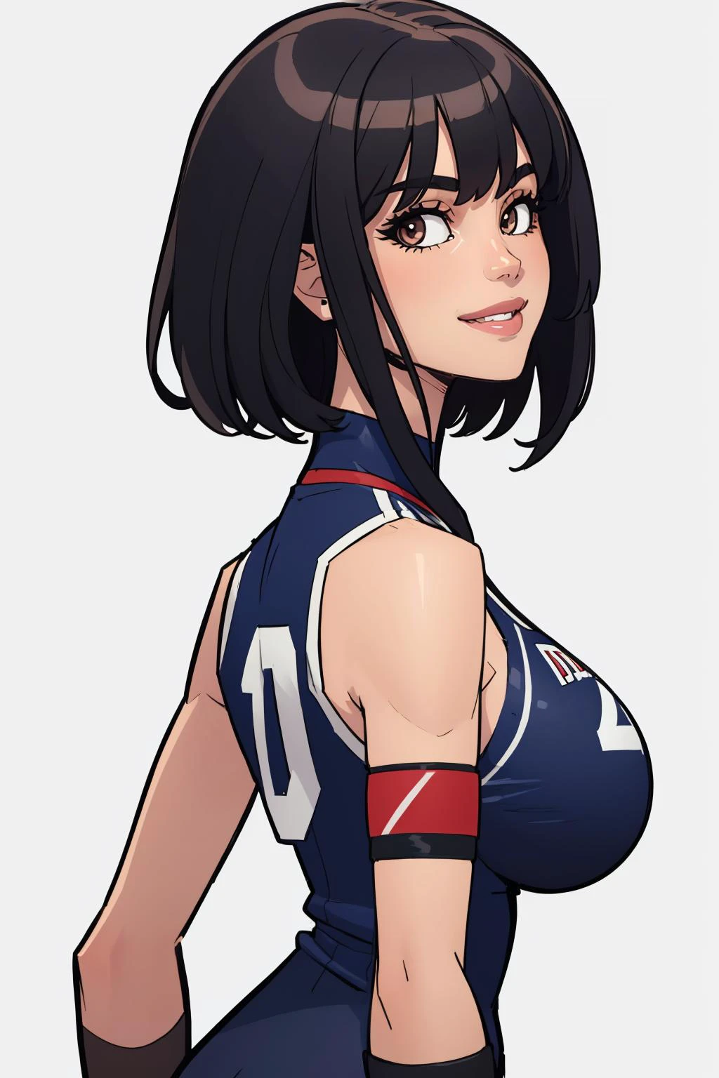 (masterpiece, best quality:1.2), <lora:balsamique:.95>, balsamique, 1girl, solo, breasts, short hair, black hair, looking at viewer, sportswear, white background, large breasts, volleyball uniform, smile, simple background, brown eyes, elbow pads, sleeveless, shirt, upper body, blue shirt, sleeveless shirt, closed mouth, from side, bangs, arms behind back, bare shoulders
