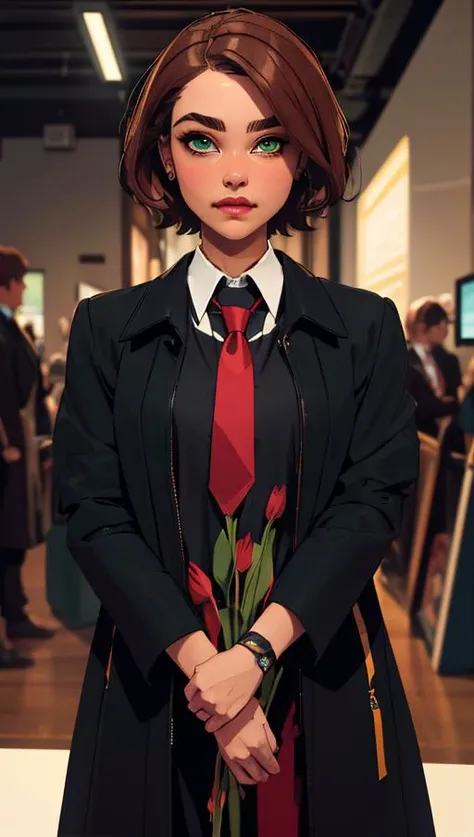 masterpiece, best quality, 1girl, <lora:balsamique:0.8> Balsamique, light brown hair, green eyes, short hair, black coat, necktie, collared shirt, piercing, thick eyebrows, thick arms,