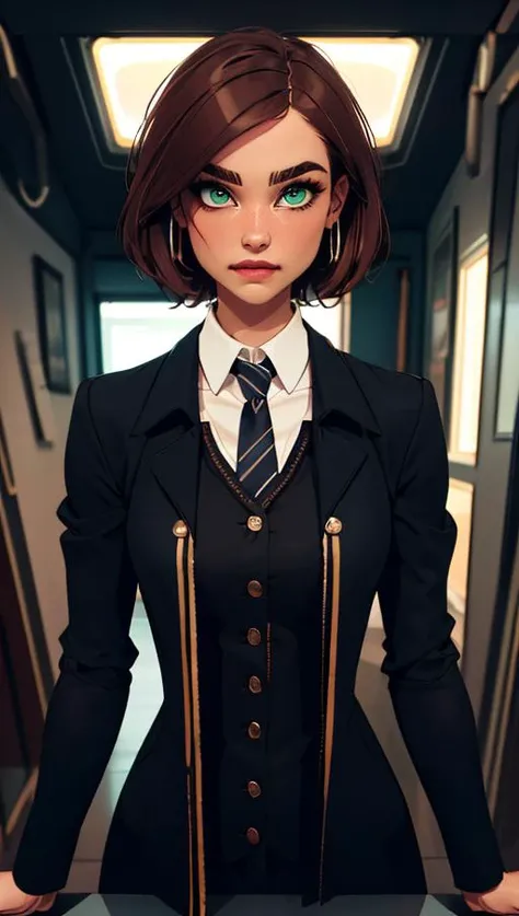 masterpiece, best quality, 1girl, <lora:balsamique:0.8> Balsamique, light brown hair, green eyes, short hair, black coat, necktie, collared shirt, piercing, thick eyebrows, thick arms,
