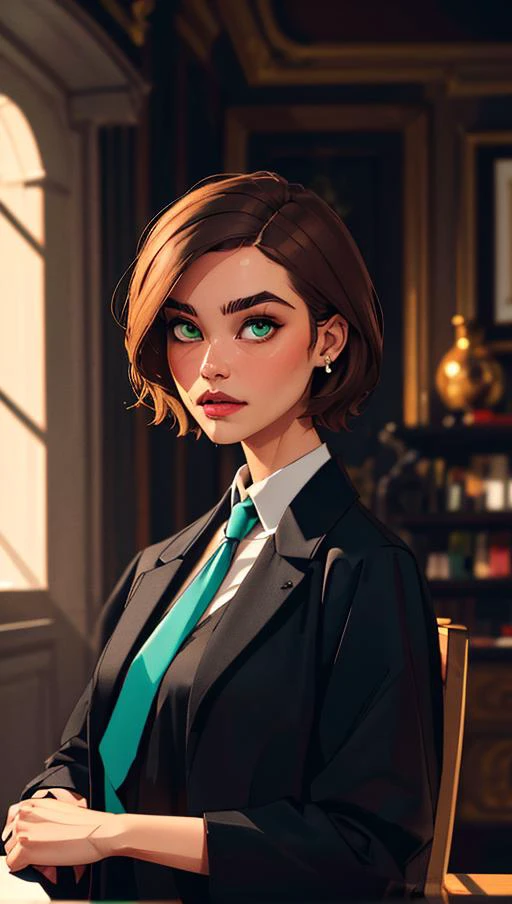 masterpiece, best quality, 1girl, <lora:balsamique:0.8> Balsamique, light brown hair, green eyes, short hair, black coat, necktie, collared shirt, piercing, thick eyebrows, thick arms,