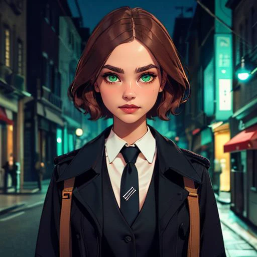 masterpiece, best quality, 1girl, <lora:balsamique:0.8> Balsamique, light brown hair, green eyes, short hair, black coat, necktie, collared shirt, piercing, thick eyebrows, thick arms,