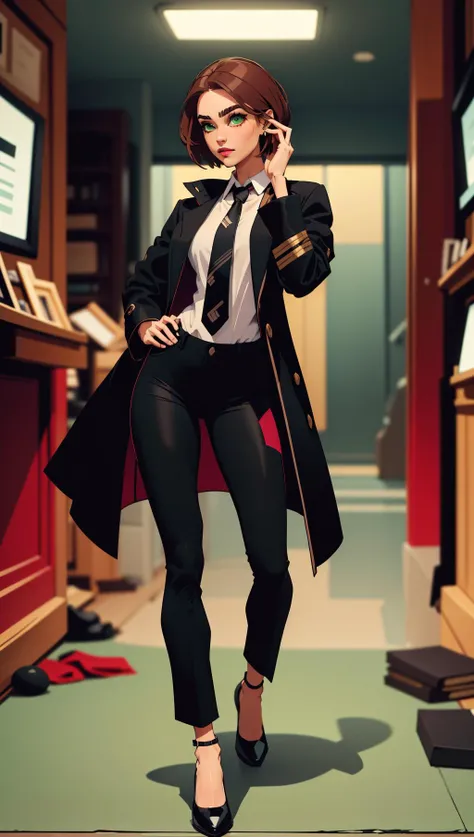 masterpiece, best quality, 1girl, <lora:balsamique:0.7> Balsamique, light brown hair, green eyes, short hair, black coat, long pants, black pants, necktie, collared shirt, piercing, thick eyebrows, standing, hand on hip, full body, black footwear, pumps,