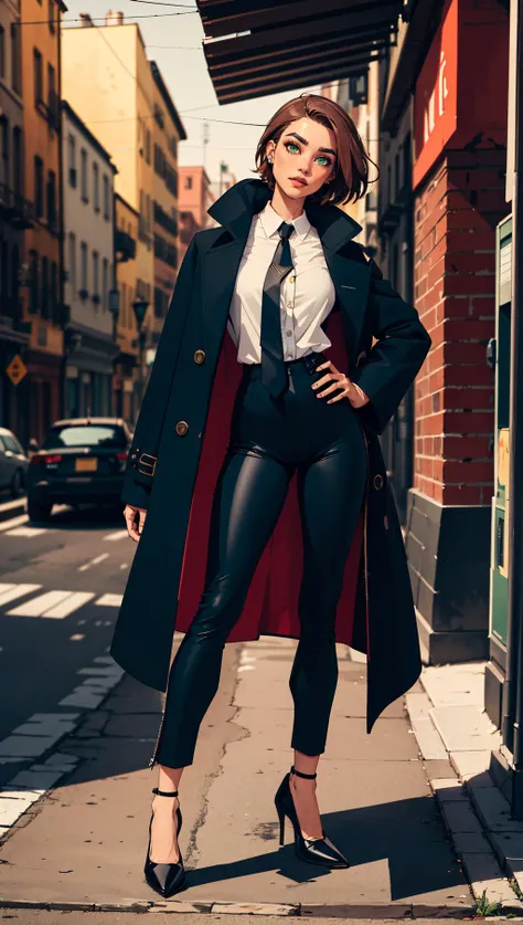 masterpiece, best quality, 1girl, <lora:balsamique:0.7> Balsamique, light brown hair, green eyes, short hair, black coat, long pants, black pants, necktie, collared shirt, piercing, thick eyebrows, standing, hand on hip, full body, black footwear, pumps, hand on own neck,