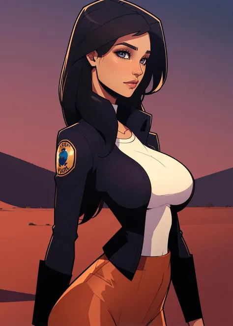 <lora:balsamique:0.8>, balsamique, masterpiece, best quality, 1girl, breasts, solo, smuggler, black hair, long hair, blue eyes, large breasts, white clothes, uniform, jacket, long sleeves, eyepatch, dark skin, desert town in background,