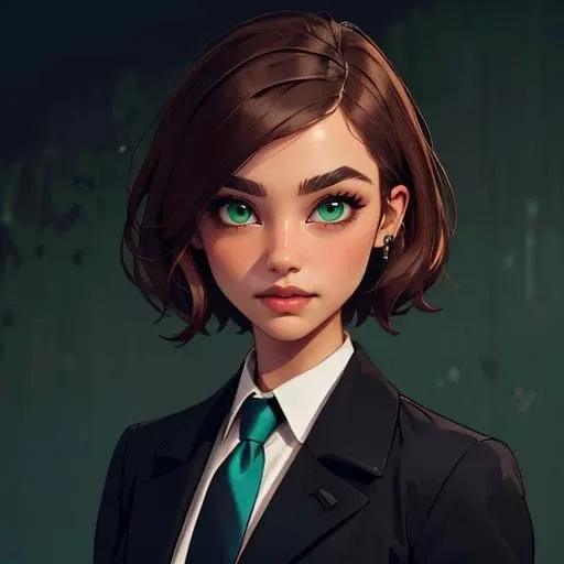masterpiece, best quality, 1girl, <lora:balsamique:0.8> Balsamique, light brown hair, green eyes, short hair, black coat, necktie, collared shirt, piercing, thick eyebrows, thick arms,
