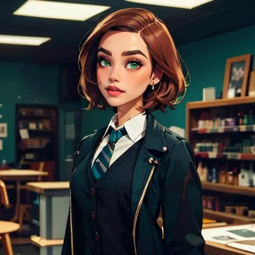 masterpiece, best quality, 1girl,   <lora:balsamique:0.8> Balsamique, light brown hair,  green eyes,  short hair,  black coat,  necktie,  collared shirt,  piercing,  thick eyebrows, thick arms,