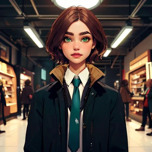 masterpiece, best quality, 1girl, <lora:balsamique:0.8> Balsamique, light brown hair, green eyes, short hair, black coat, necktie, collared shirt, piercing, thick eyebrows, thick arms,