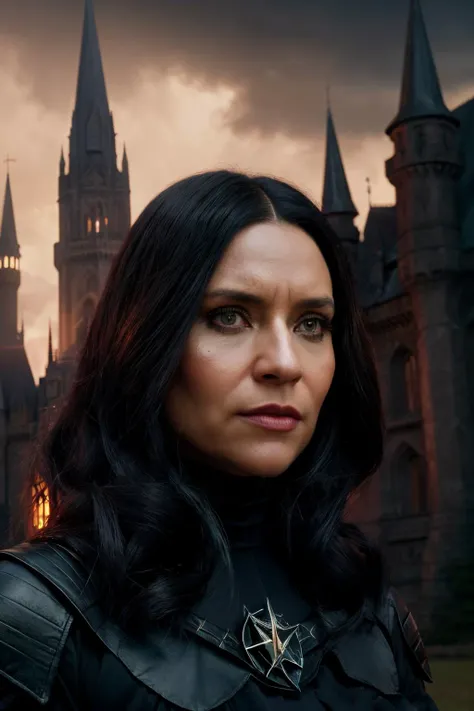 up close photo of cde as a witch, (black witch outfit), castle background, fine-face, realistic shaded perfect face, fine details. Realistic shaded lighting poster by Ilya Kuvshinov katsuhiro, magali villeneuve, artgerm, Jeremy Lipkin and Michael Garmash, Rob Rey and Kentarõ Miura style, trendin,<lora:ClaireDanes-RealVision-V1.0:1>