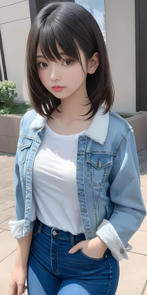<lora:Liyuu:0.65>, straight bob hair, flat chested, skinny, jeans jacket:1.2, shirt:1.4, <lora:tashigi-nvwls-v1:0.35>, gaze lens, masterpiece, epic cinematic, soft nature lights, rim light, absurd, amazing, itricate, hyper detailed