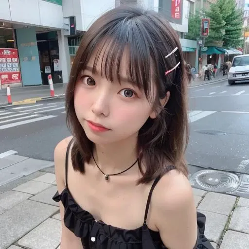 best quality, ultra high res,1girl, cute, dating, (small breasts), beautiful eyes, ((puffy eyes)),top angle view,full body,japan, street, tokyo, cowboy shot,, looking at viewer,light on face, (black summer dress:1), focus on face, <lora:Liyuu:0.65>