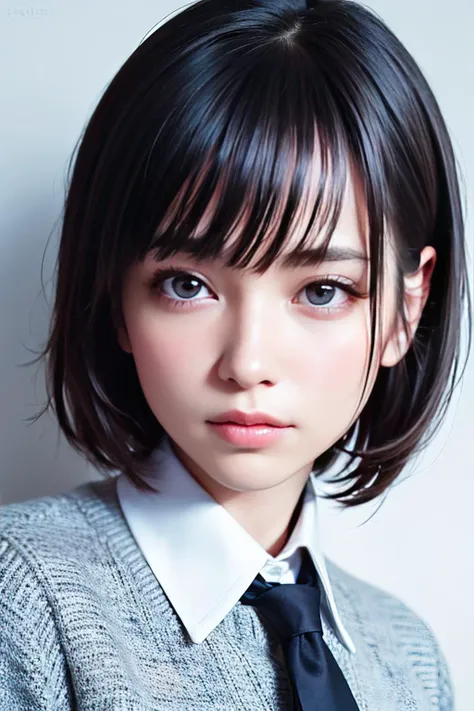 (masterpiece:1.3), (8k, photorealistic, RAW photo, best quality: 1.4), 1girl, beautiful face, (realistic face), (black hair, short hair:1.3), beautiful hairstyle, beautiful detailed eyes, long eyelashes, (realistic skin), beautiful skin, [medium breasts:0.2], (perfect body:1.3), (detailed body:1.2), (necktie), (collared shirt, pleated skirt:1.3), absurdres, attractive, ultra high res, ultra realistic, highly detailed, soft lightning, golden ratio,