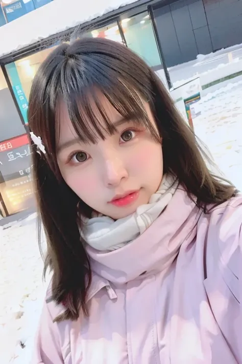 best quality, ultra high res, (photorealistic:1.4), 1 girl , cute face , oversized jacket, white shirt, <lora:Liyuu:0.9>, scarf, coat, winter, half body, snowy
