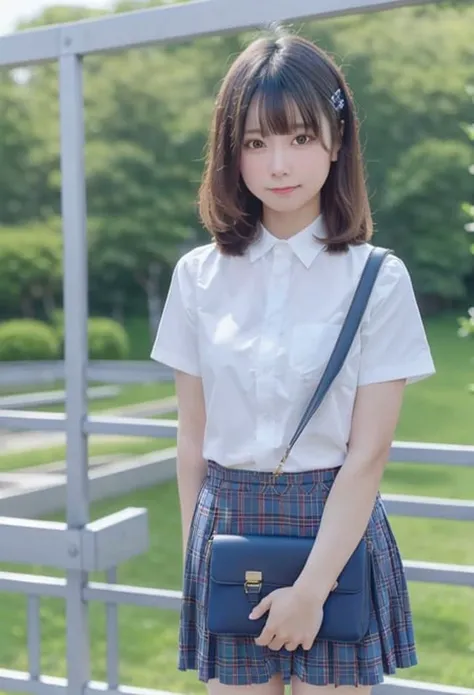detailed,8k, detailed shadow,
looking at viewer, white shirt, short sleeve, plaid, skirt, plaid skirt, handbag, blurry background
,<lora:liyuuLora_liyuuV1:0.8>, (masterpiece,best quality), ,(arms_behind_back)