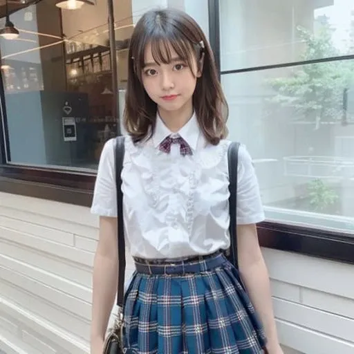 detailed,8k, detailed shadow, looking at viewer, white shirt, short sleeve, plaid, skirt, plaid skirt, handbag, blurry background ,<lora:liyuuLora_liyuuV1:0.8>, (masterpiece,best quality), ,(arms_behind_back), black eyes, cute expression,