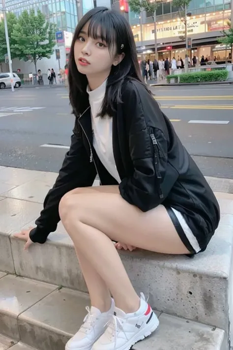 best quality, ultra high res, (photorealistic:1.4), <lora:Liyuu:0.8>, black hair, bangs, (oversized black jacket), white shirt, skirt, full body, looking_at_viewer. outdoor, busy street,