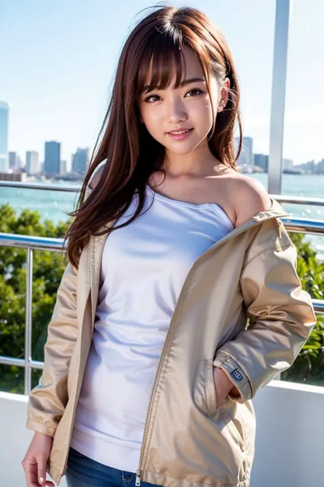 <liyuuLora_liyuuV1:0.66>, best quality, ultra high res, (photorealistic:1.4), 1girl, oversized jacket, white shirt, on Observation Wheel, bare shoulders, cute, (Jpop idol), (aegyo sal:1), (brown hair:1), ((puffy eyes)), looking at viewer, facing front, smiling, laughing