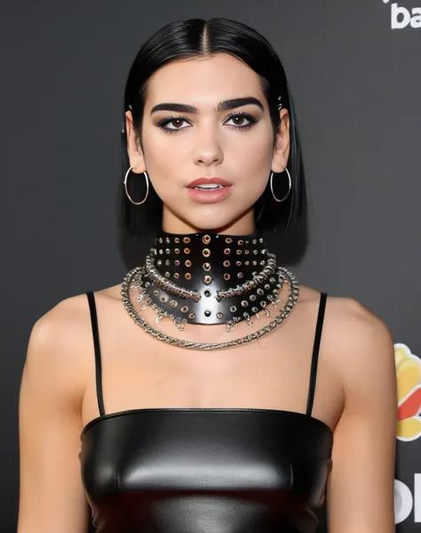 DuaLipa,<lora:DuaLipaSDXL:1>, a woman in a black leather dress with a choker, wearing steel collar, slave collar, choker, wearing detailed leather collar, black leather choker, choker on neck, wearing choker, choker around neck, wearing black choker, wearing collar, wearing gold detailed choker, wearing collar on neck, collar on neck, piercings collar, steel choker