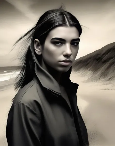DuaLipa, art by Peter Holme III, portrait, dense beach,close up of a Stressed Capricious Futuristic Girl, Tailor, at Bristol, [mountains|flora], Westernpunk, Side lighting, Mono Color, <lora:DuaLipaSDXL:1>
