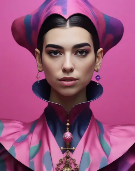 DuaLipa, portrait,close up of a Avant-Garde flyweight Woman, infused with ethereal color Court jester, wearing Wizard outfit, dense mountains, Hazy conditions, Surprising, Ceramic, Dada Art, Magenta hue, (art by Shigenori Soejima:0.8) , <lora:DuaLipaSDXL:1>