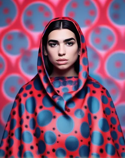 DuaLipa, art by Claude Melan, photograph, Stirring Rickety Woman, designed by Orcs ð, wearing Cape in Circles patterns, JoJo pose, Hurricane, soft focus, Fearful, film grain, Nikon d3300, L USM, anaglyph effect, <lora:DuaLipaSDXL:1>